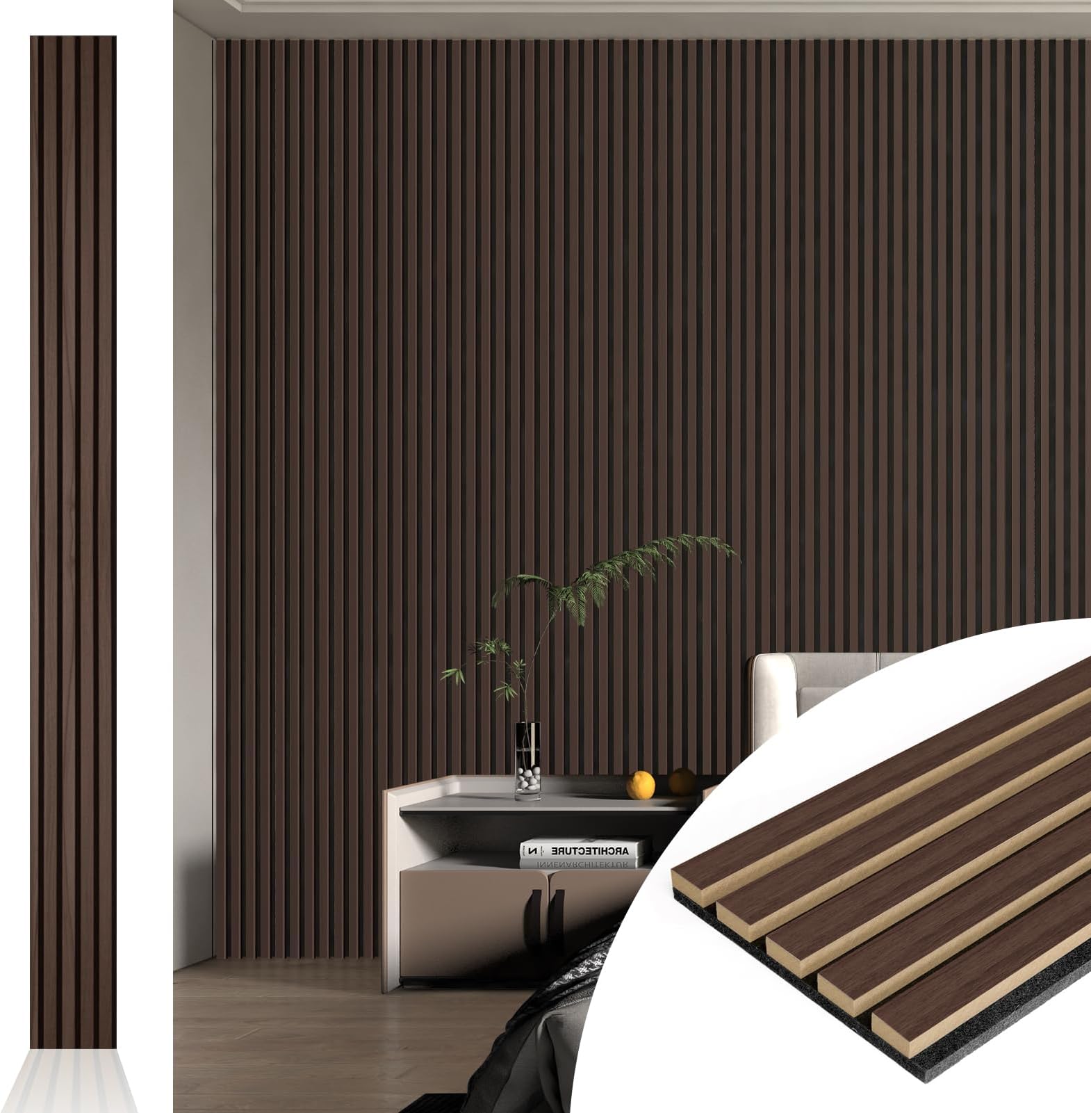 Art3d 4pcs-107 x 8in Slat Acoustic Panel for Wall and Ceiling, 3D Fluted Sound Absorbing Panel with Wood Finish, Dark Walnut