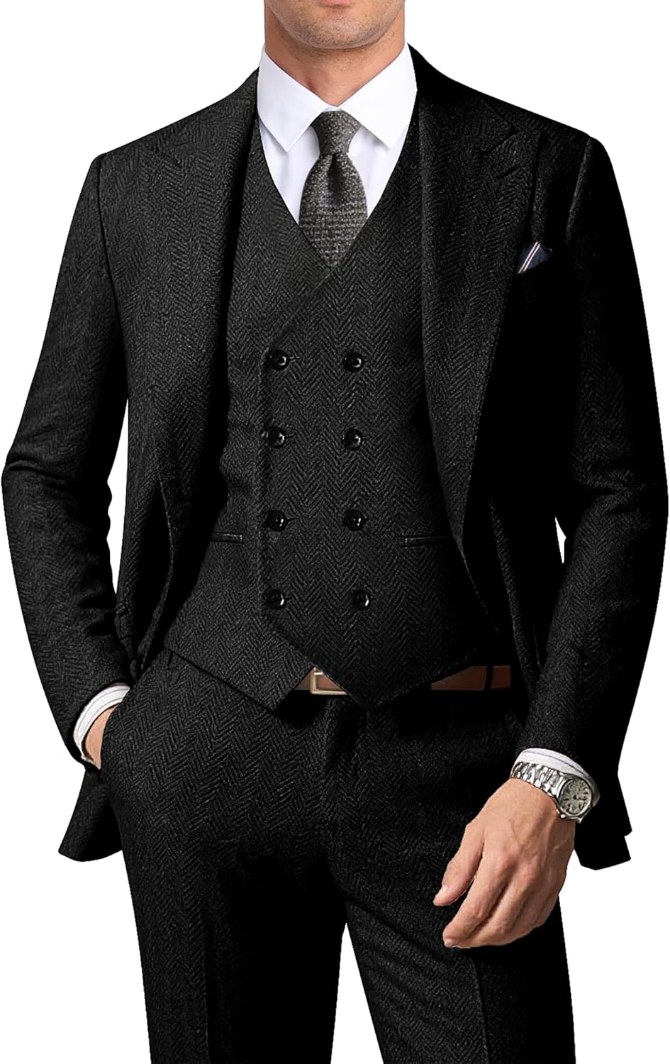 ZKHOECR Men's Suits Herringbone Tweed Suits for Men Retro 3 Piece Peak Lapel Blazer Wedding Prom Suit Jacket Vest Pants Set