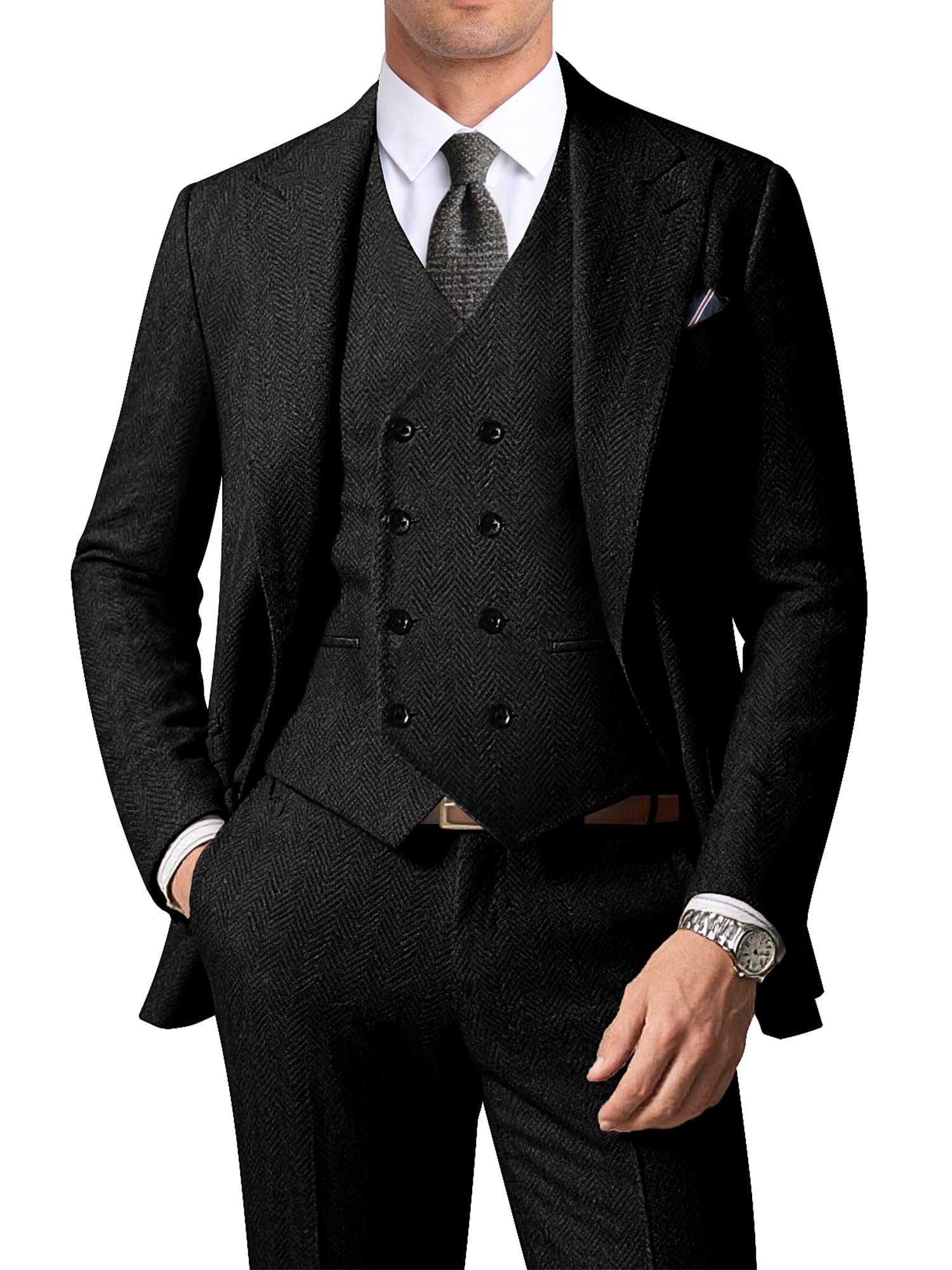 ZKHOECR Men's Suits Herringbone Tweed Suits for Men