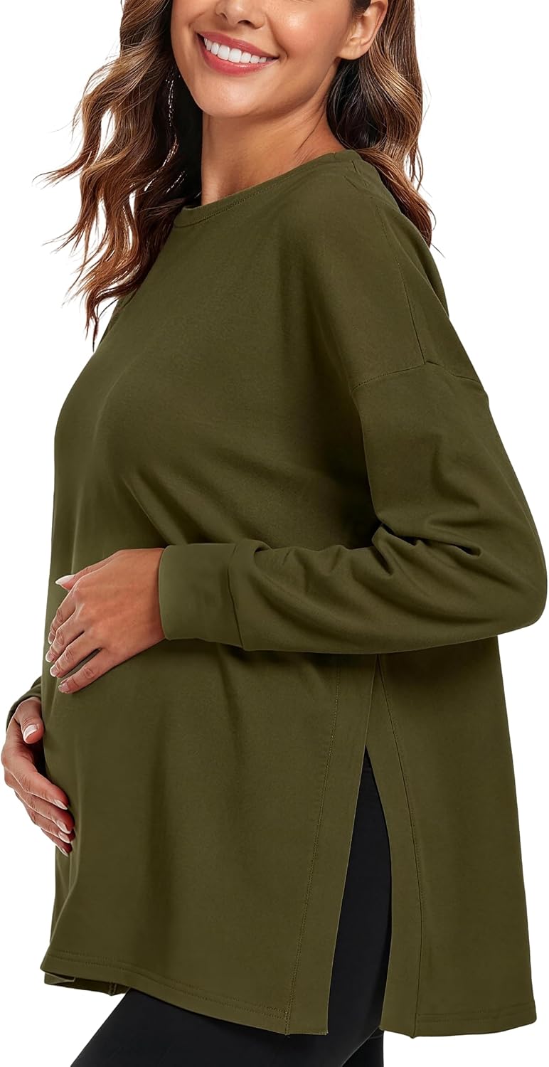 Ecavus Women's Maternity Shirts Long Sleeve Side Split Pregnancy Top
