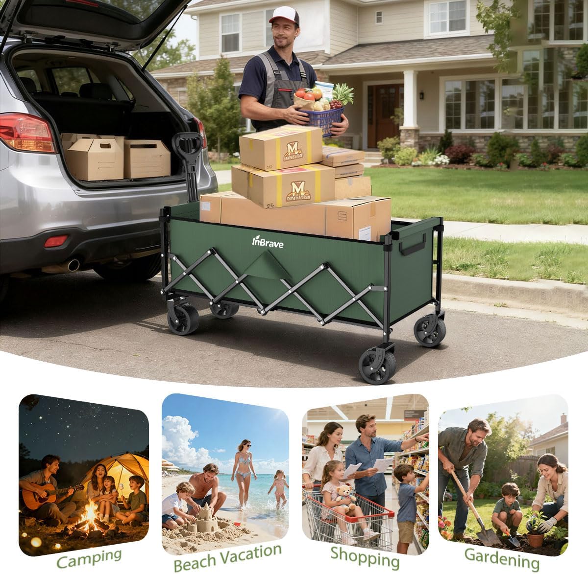 Extra Long Collapsible Wagon Cart, 480LBS Heavy Duty Utility Wagons with All-Terrain Wheels, Foldable Grocery Carts for Gardening, Shopping, Beach, Camping, Blue