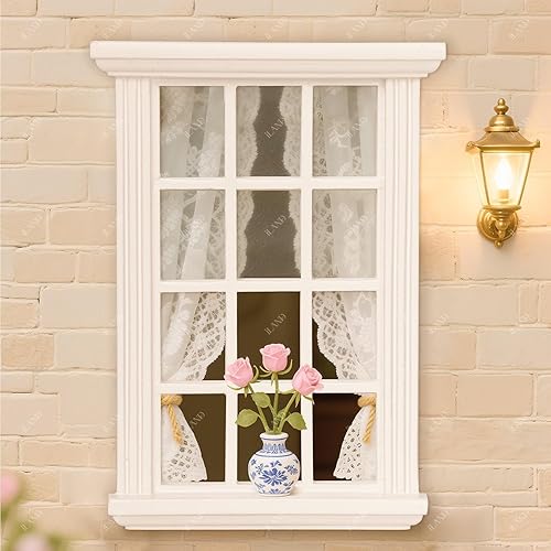 Miniatura 2 de iLAND Accesorios a escala 112 de ventanas de casa de muñecas, 2 piezas de madera maciza blanca, suministros de construcción de casa de muñecas, kit