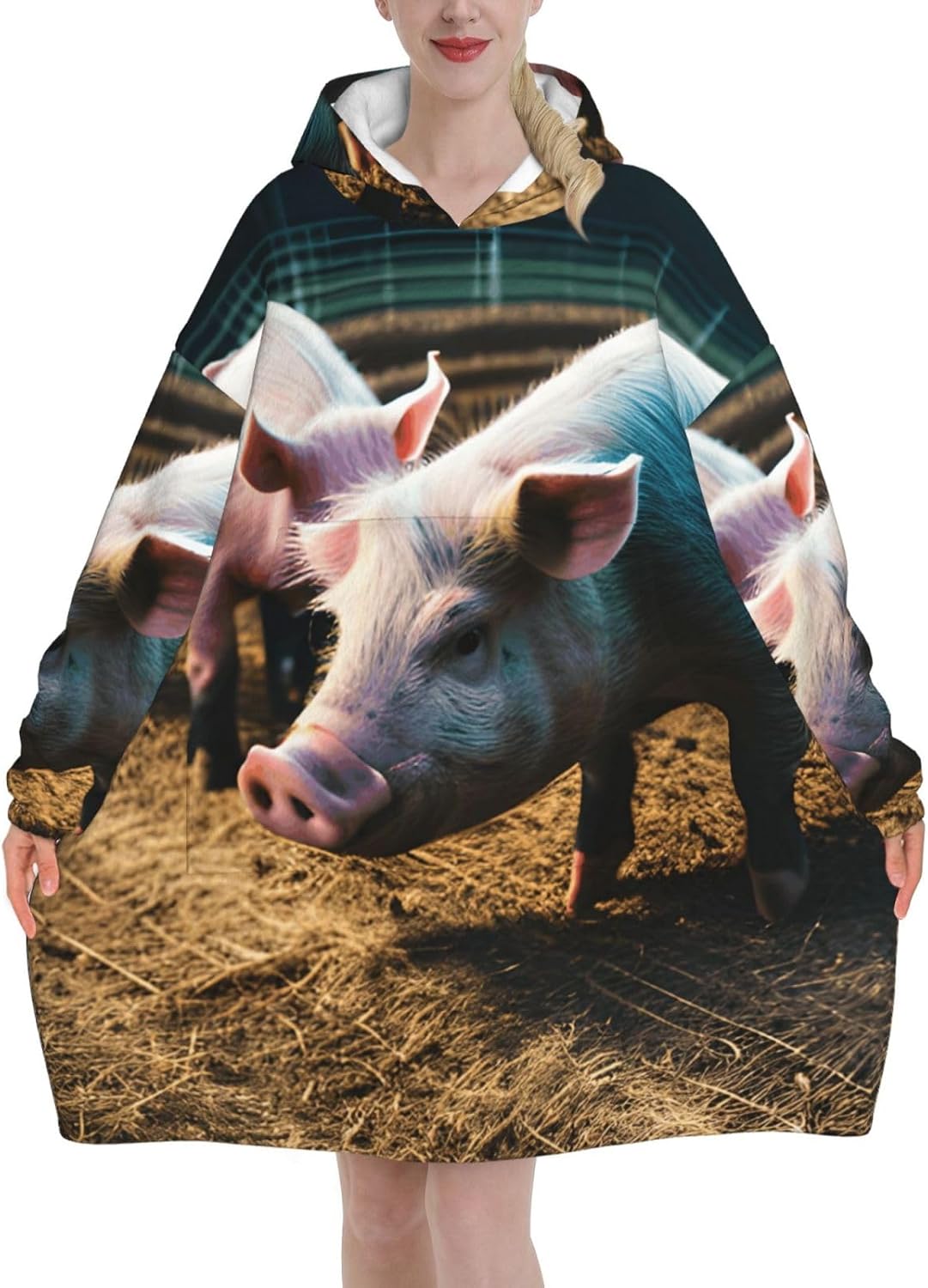 Pigs In Farm Print Cozy Oversized Blanket Hoodie Soft And Warm Wearable For Winter And Christmas