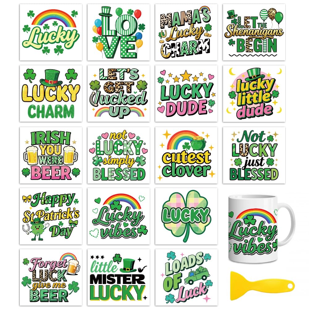 Peacoblue 18 Sheets Rub On Transfers for Crafts, St. Patrick's Day Art Words 3.6"x3.9" UV DTF Cup Wrap Waterproof Cold Transfers Stickers for Wood Glass Cup Tumblers Mirrors Mugs Home Decor