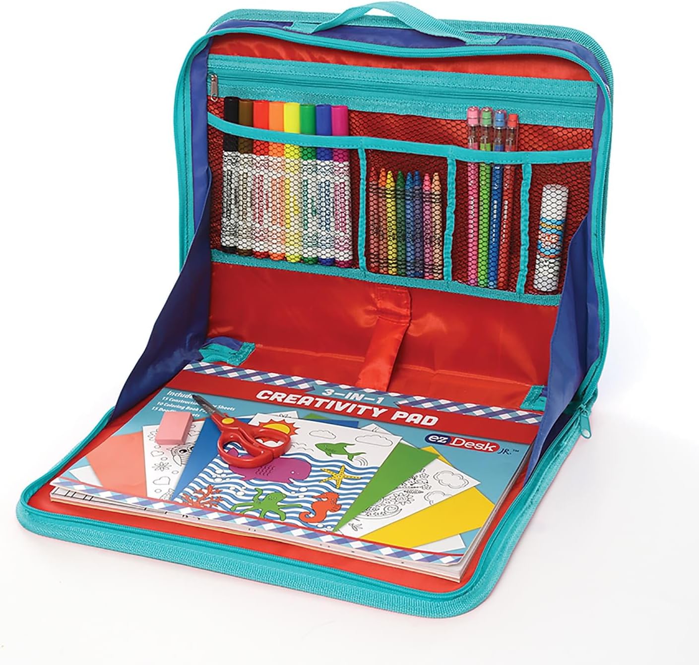 Kittrich Corporation EZDesk Travel Activity Kit, Laptop Style Desk with Writing and Craft Accessories for Children, 64 Piece set, Multicolor
