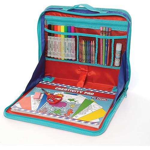 Corporation EZDesk Travel Activity Kit, Laptop Style Desk with Writing and Kids Art Supplies, Perfect for Travel, 64 Piece set, 11.4" X 13.8", Multicolor