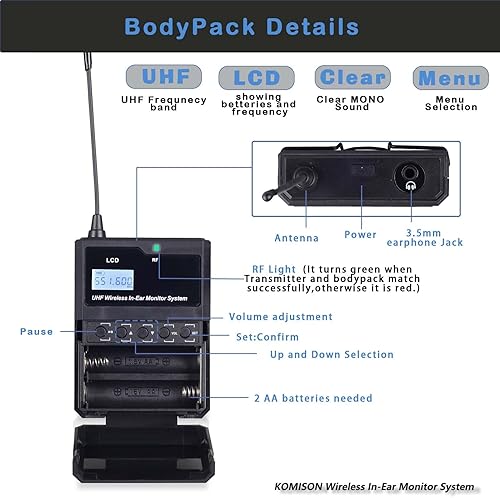 Miniatura 3 de KOMISON Sistema de monitor inalámbrico mono en oído, sistema IEM, transmisor de sistema IEM profesional UHF y receptor de cinturón iems para