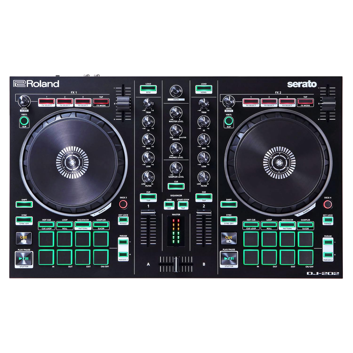 Roland DJ-202 2-Kanal 4-Deck USB-DJ-Controller mit keepdrum Laptopständer Silber
