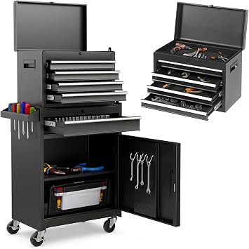 Rovibek Rolling Tool Chest, 5-Drawer Rolling Tool Chest with Detachable Top Toolbox, Lock Bar, Tool Rack, Metal Tool Box for Garage Workshop Warehouse, Black