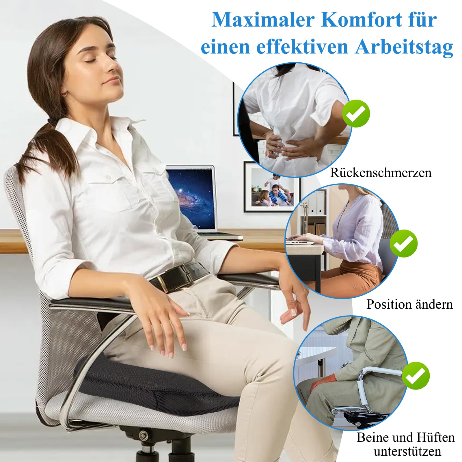 Cojín de asiento ortopédico, cojín de asiento para silla de oficina, cojín de coxis, cojín ergonómico, cojín de espuma viscoelástica, cojín de coxis para avión, coche, hernia de disco