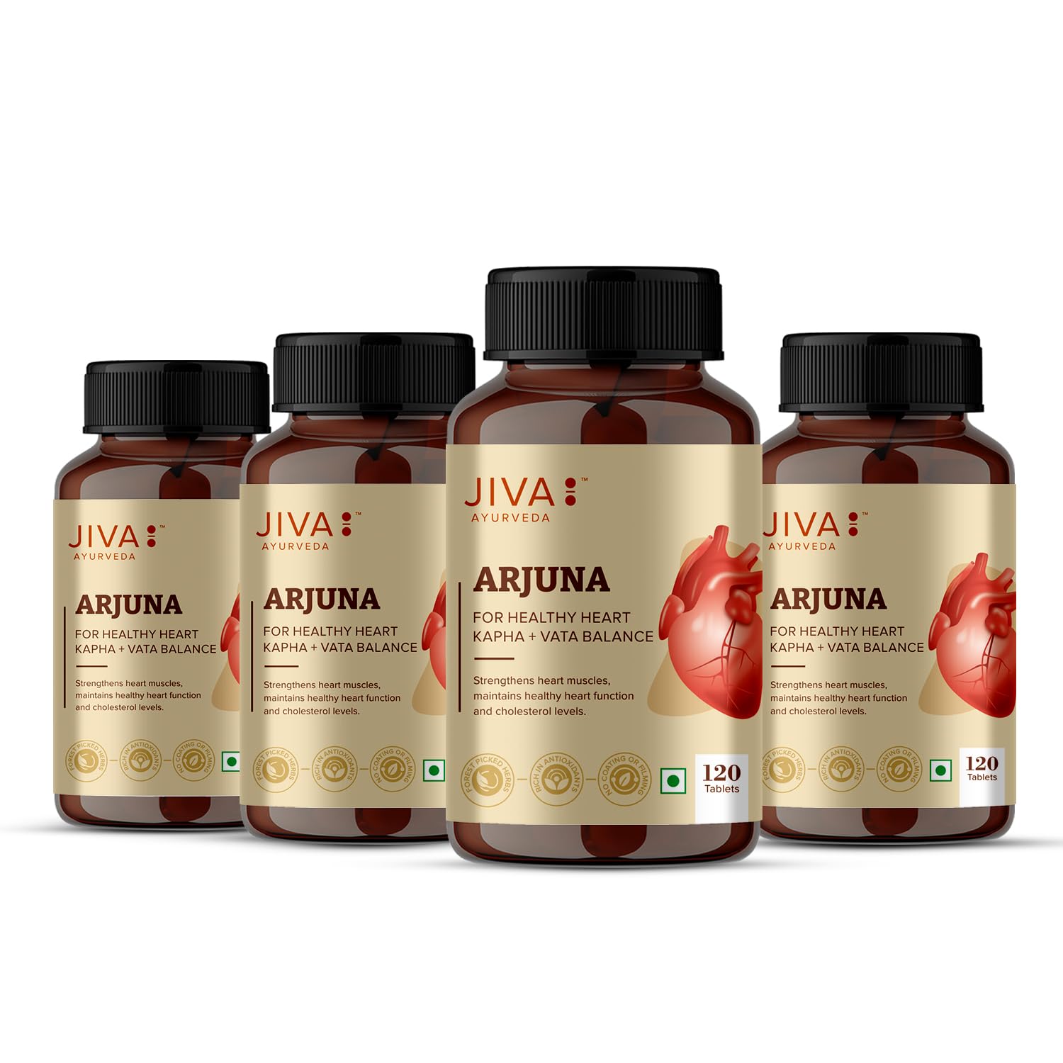 Jiva Arjuna Tablet 500mg | Promotes Heart Health | 100% Pure & Natural | Helps to maintain cholestrol Level | Goodness of Arjuna, Babool & Corn Starch - 120 Tablet (Pack of 4)