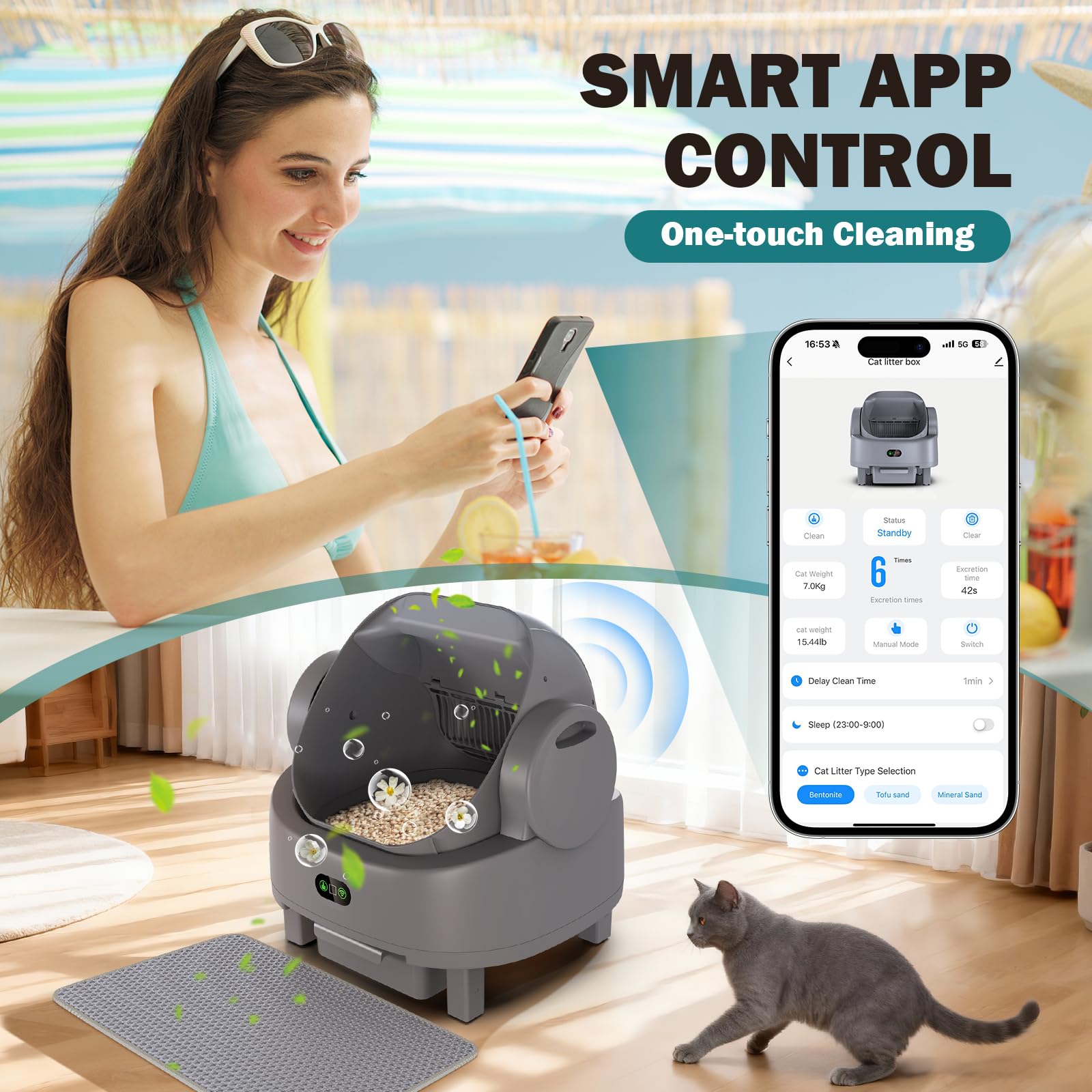 Automatic Litter Box, Open Top Large Self Cleaning Cat Litter Box for Multiple Cats, with APP Control/Multiple Safety Sensors/Trash Bag/Litter Mat, Cat Box Automatic Cleaning - image 5