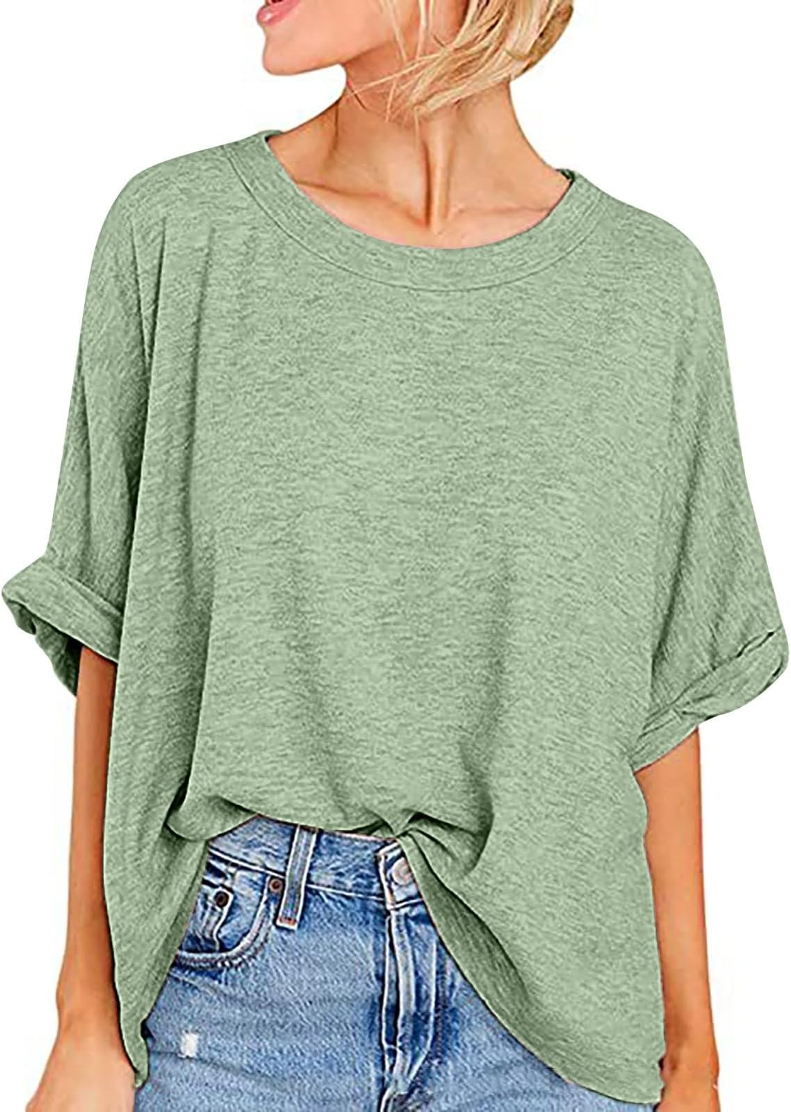 2024 Womens Oversized Summer Shirts Short Sleeve Tops Solid Tees Trendy Casual Loose Fit Cotton Tunic Blouse Fashion