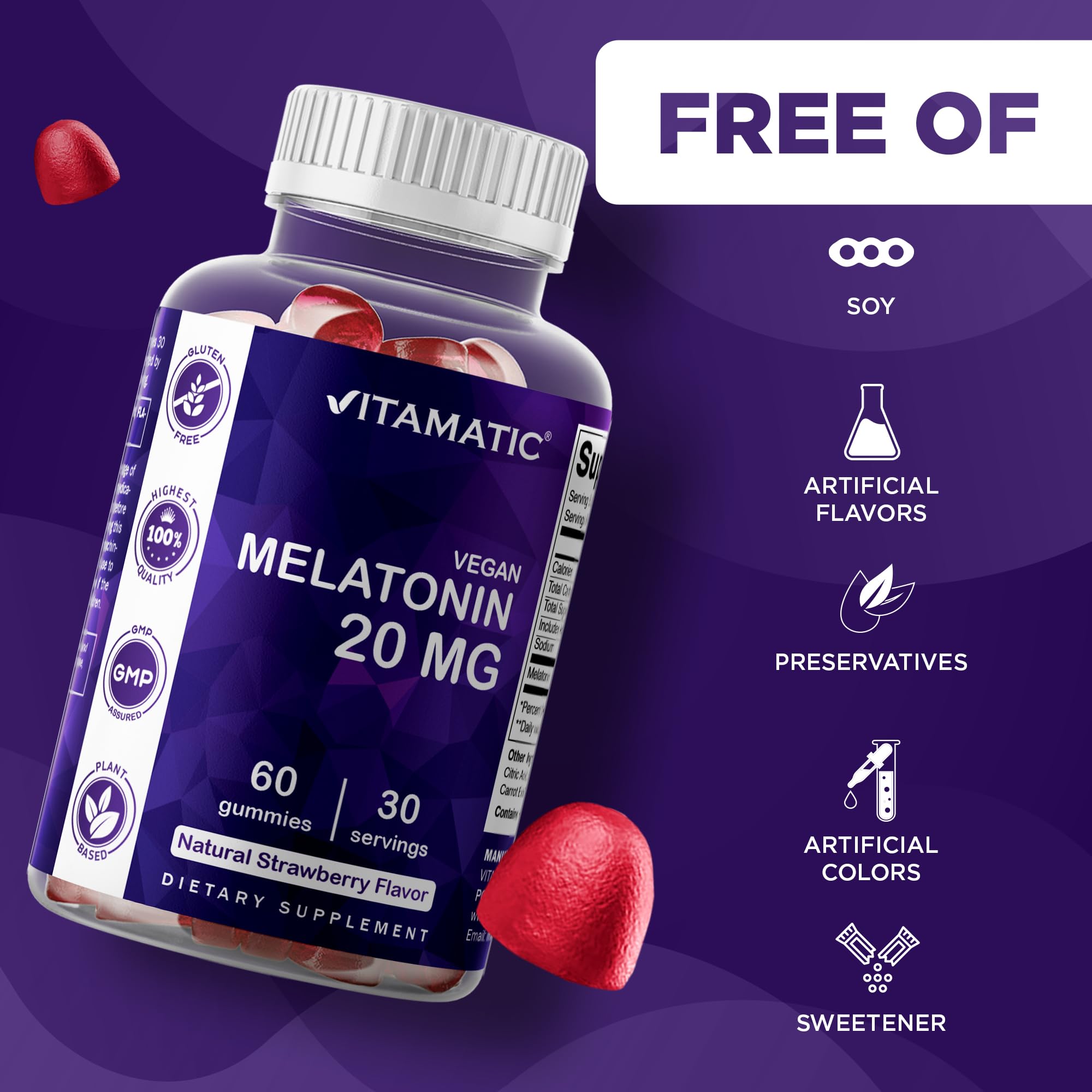 Vitamatic Melatonin 20 mg Gummies, Vegan, Strawberry, 60 Count — Amazon image 4