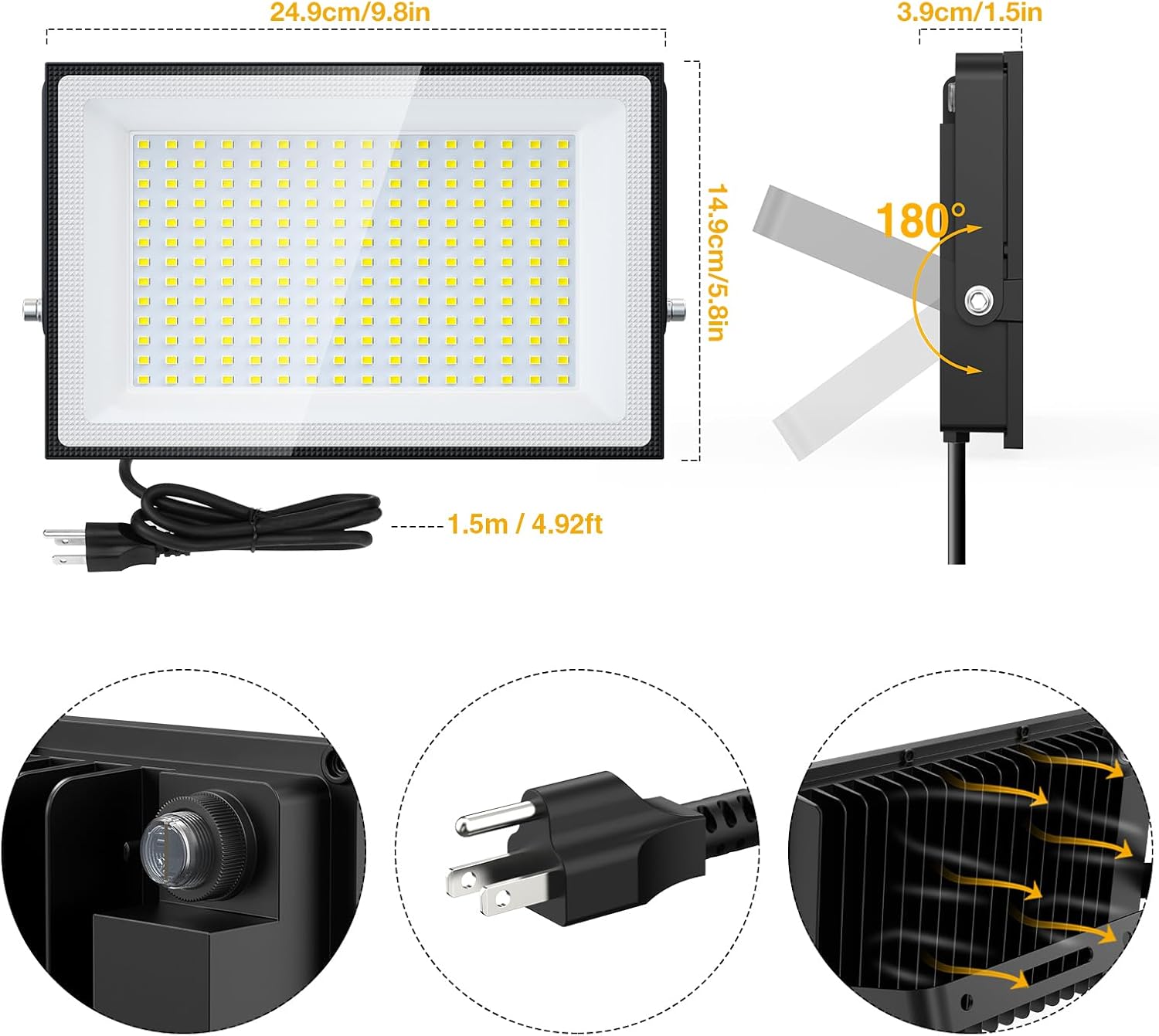 Onforu 150W Dusk to Dawn LED Outdoor Flood Light with Timer, Adjustable Brightness up to 15000lm, IP66 Waterproof Security Light with Plug for Yard 2 Pack