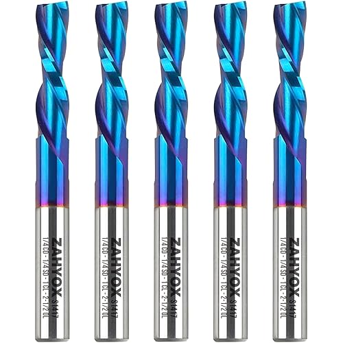 ZahyoX 1/4" Downcut Spiral Router Bit, 5 Pack Set, Nano Coated CNC End Mill for Woodworking, 1/4" Shank x 1" Cut Length