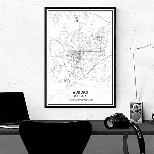 Miniatura 4 de TANOKCRS Auburn Alabama USA America Map - Póster impreso en lienzo sin marco, moderno mapa blanco y negro, regalo de recuerdo, decoración del hogar,