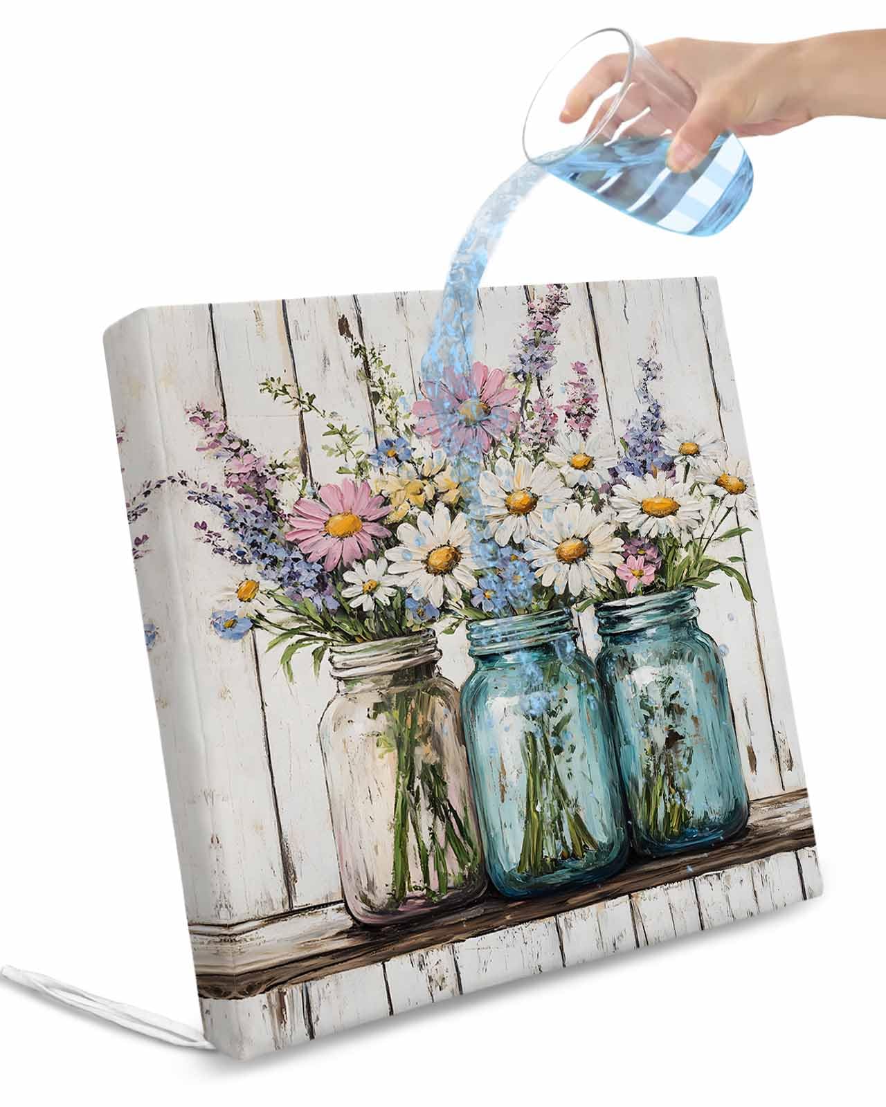 2 Pack Daisies Flowers Waterproof Cushion Covers with Ties, Outdoor Patio Chaise Lounge Chair Seat Cushion Slip Covers Replacement(Only Cover) Spring Watercolor Floral Woodgrain 22