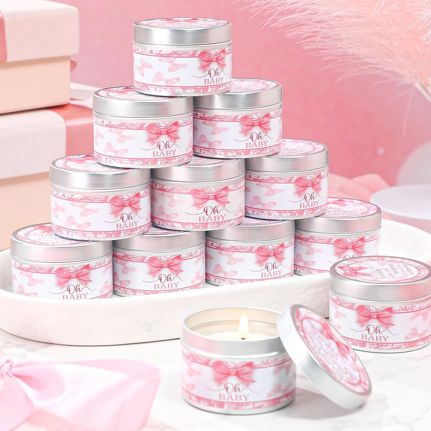 MTLEE 24 Pcs Bow Baby Shower Party Favors Candles Lavender Scented Baby Shower Favors for Guests Rustic Tealights Candles Gender Reveal Return Gifts (1.2 oz, Pink)