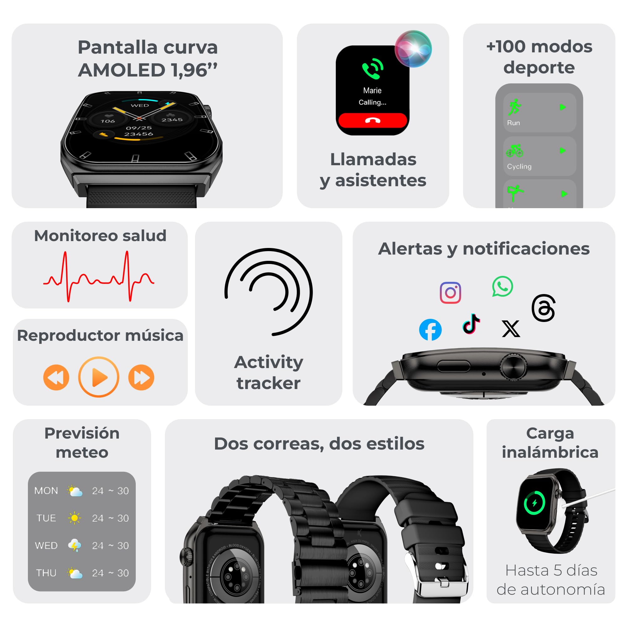 KSIX Olympo Reloj Inteligente Hombre, Smartwatch Elegante con Llamadas y Notificaciones, Fantástica Pantalla AMOLED, Monitor de Salud y Deporte, Asistentes de Voz, Autonomía 5 días, App iOS y Android