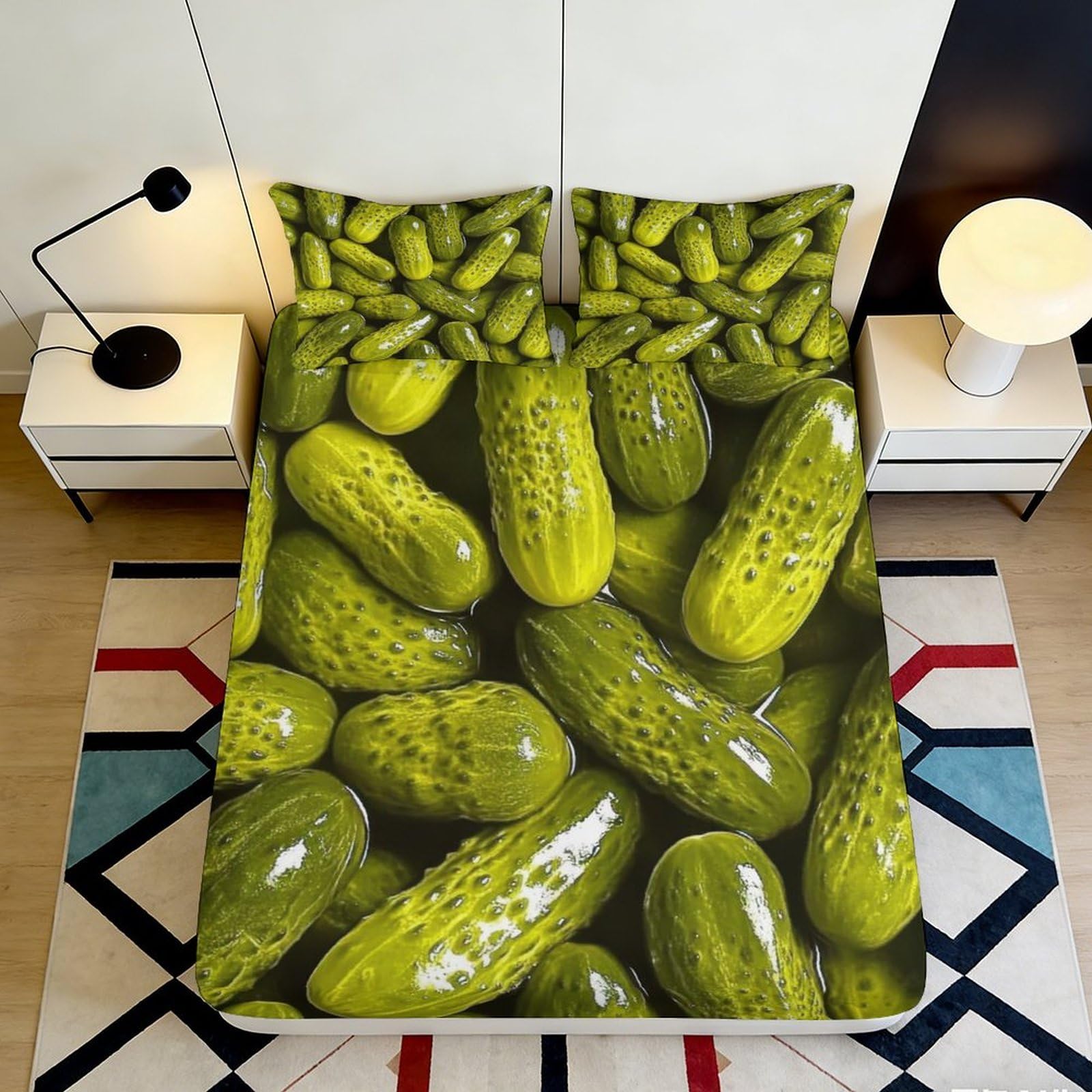 3D Printed Pickle Pattern Fitted Sheet Microfiber Soft Green Cucumber Bed Cover for Bedroom Guest Room Mattress Decor 90x200x25cm