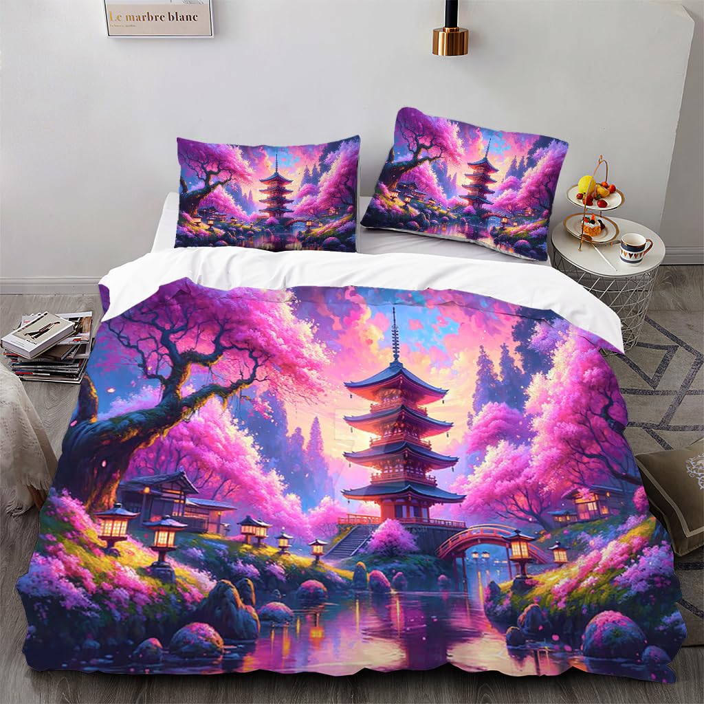 Housse de couette 220x240cm temple japonais pour une chambre zen et fleurie