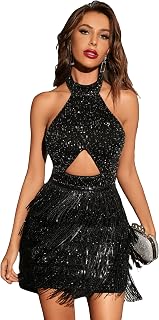 Women's Cut Out Crisscross Sleeveless Backless Fringe Hem Sequin Bodycon Halter Dress