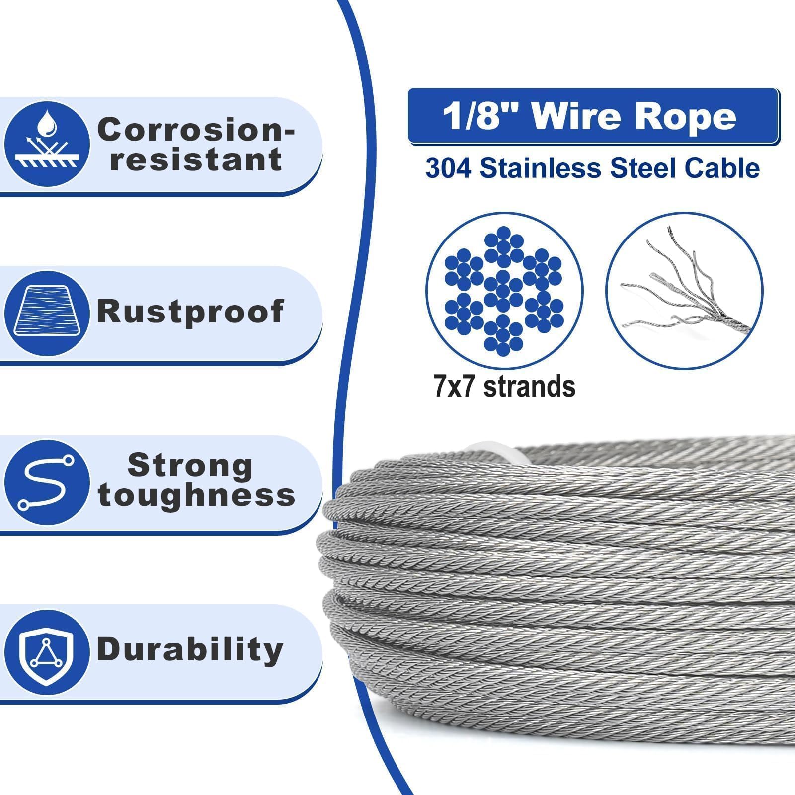 TooTaci 3mm Drahtseil Edelstahl, 30M/3mm Stahlseil mit ösen, 12 Stück M3 Crimphülsen & 6 Stück M3 Seilklemme, 6 Stück Kauschen, 7×7 Edelstahlseil Spanndraht für Zaun, Gardinenseil, DIY Hängen