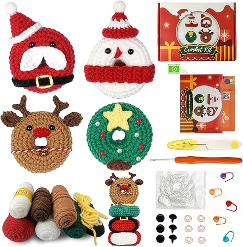 LUCKY SNAIL Kit de ganchillo de Navidad para principiantes, kit de inicio de ganchillo para principiantes con tutoriales en video completo paso a