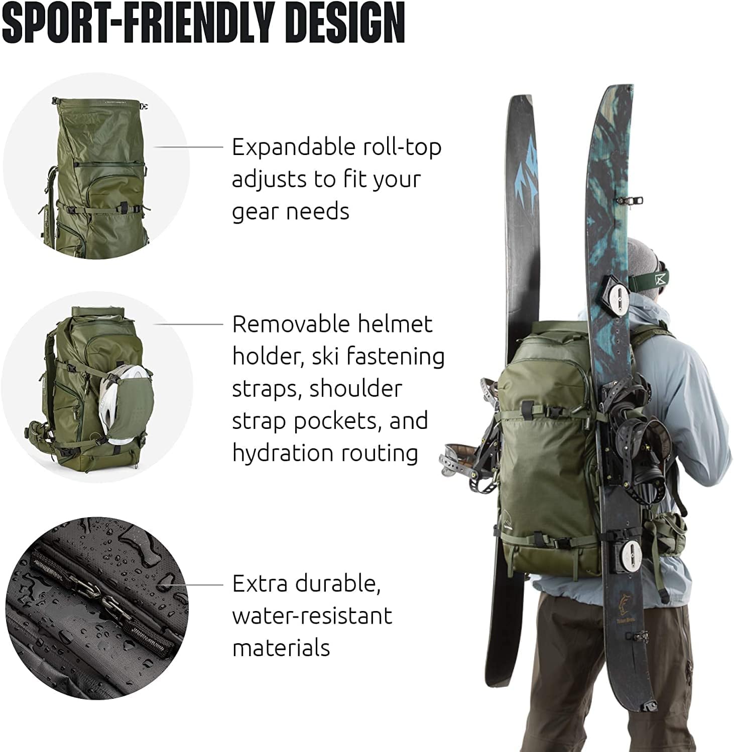 Shimoda Action X50 v2 backpack with skis attached, showing external features