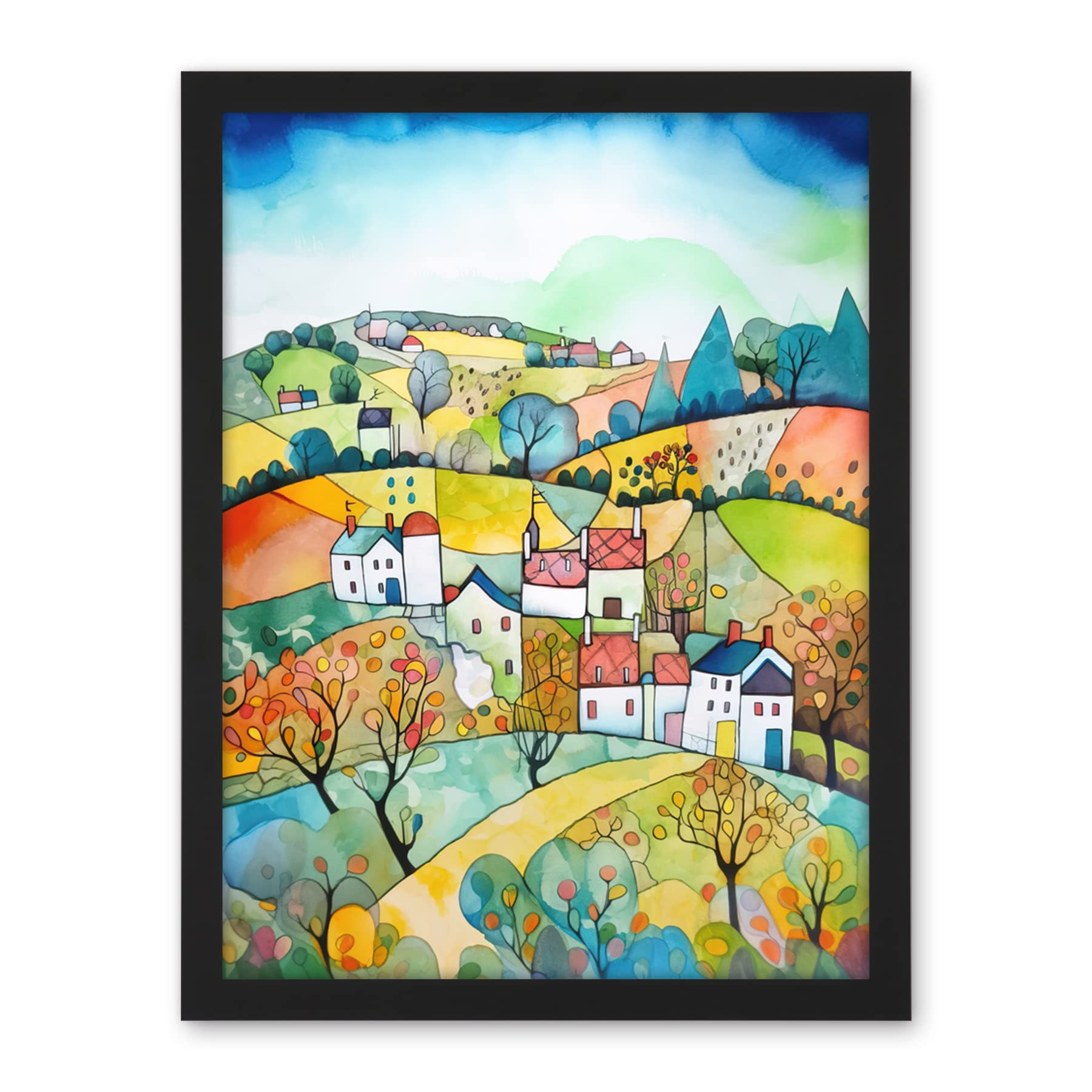 Artery8 English Country Rural Landscape Folk Art Watercolour Painting Artwork Framed Wall Art Print 18X24 Inch