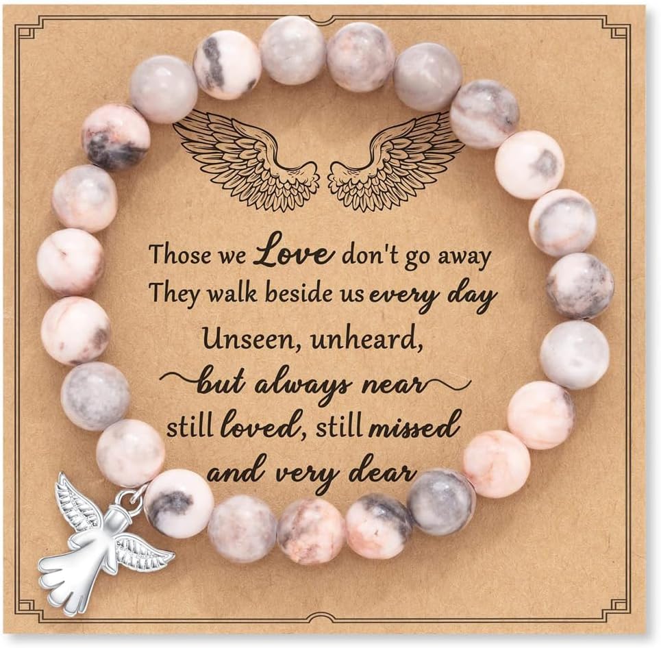 COLORFUL BLING Angel Natural Stone Beaded Strand Adjustable Bracelet with Meaningful Card Inspirational for Women Jewelry Gifts Wristbands Faith Memorial Sympathy Religious