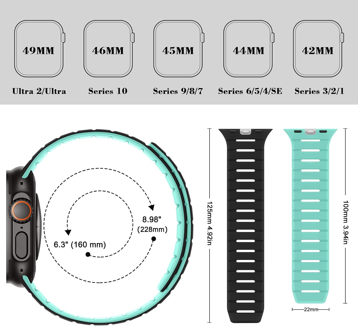 HITZEE Double Sided Reversible Magnetic Band Compatible with Apple Watch Band 49/46(S11/10)/45/44/42mm, Breathable Soft Band for iWatch Ultra 3/2/1 SE3-1 Series 11 10 9 8 7 6-1, Lake blue/Black