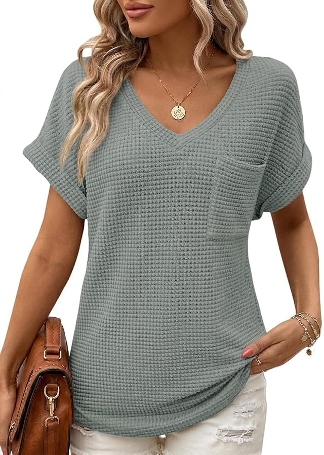 Chicrise Tshirt Damen Kurzarm Waffelmuster Top V Ausschnitt Basic Taschen Oversize Tunika Leicht Casual