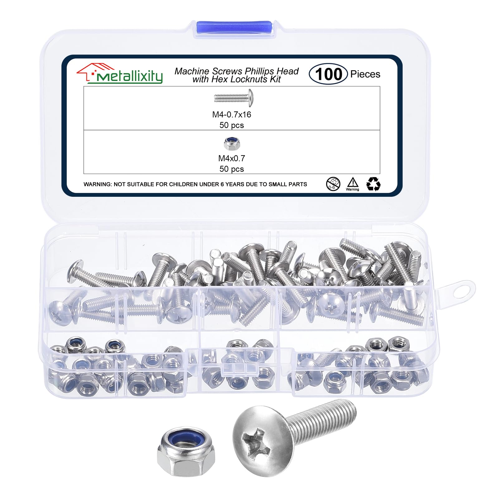 METALLIXITY Machine Screws Phillips Head(M4-0.7x16mm) 100Pcs with Hex Locknuts