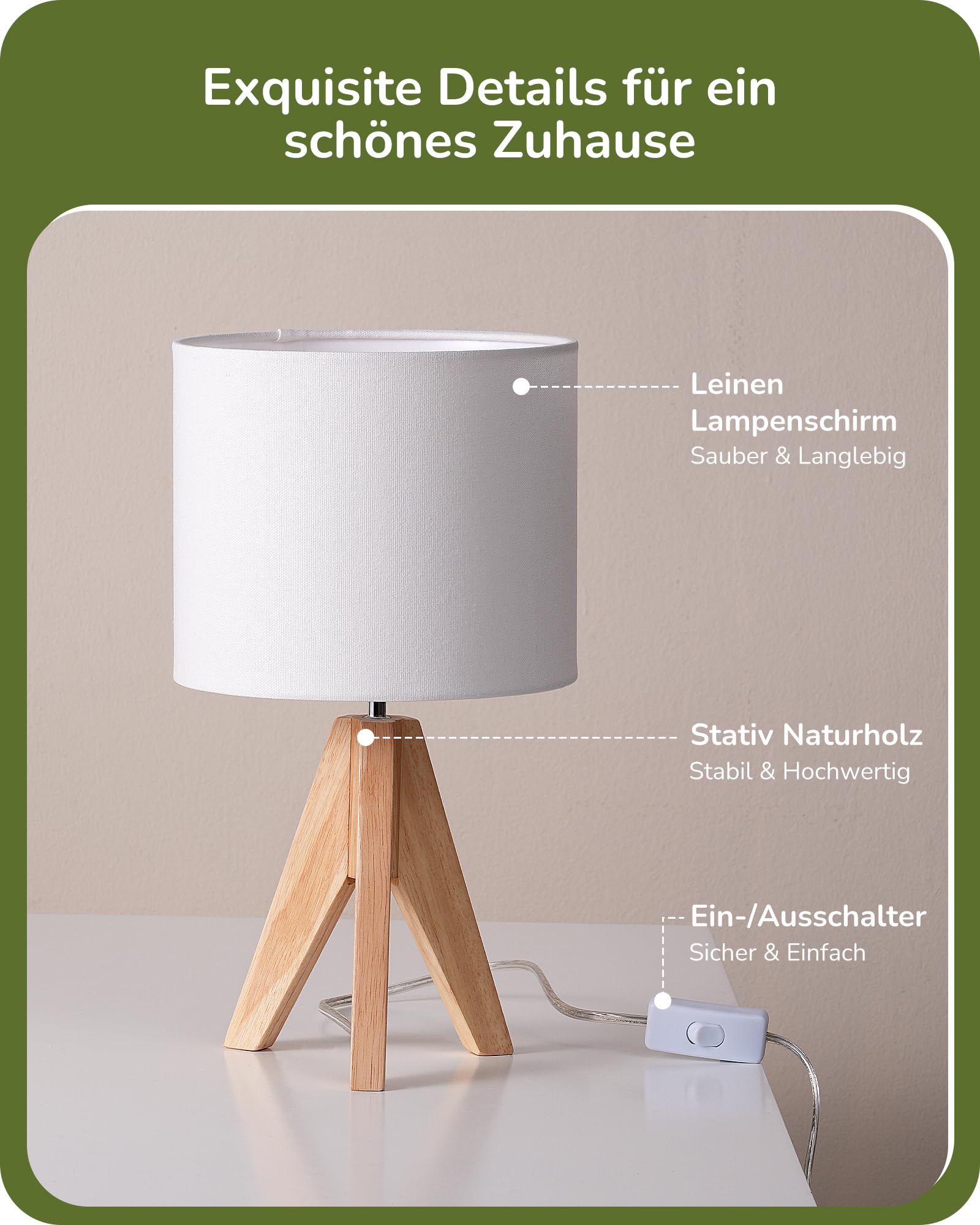 EDISHINE 2-częściowy zestaw lampa stołowa drewno, lampka nocna LED z białym lnianym kloszem, oprawka E27, w zestawie żarówka, lampa stołowa w stylu vintage do sypialni, salonu, prezent [klasa