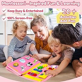 Qizfun Toddler Busy Board Montessori Toys - Sensory Busy Book, Educational Learning Travel Toy for Airplane & Car, Keeps Toddlers Engaged, Birthday Gifts for Toddler Girls