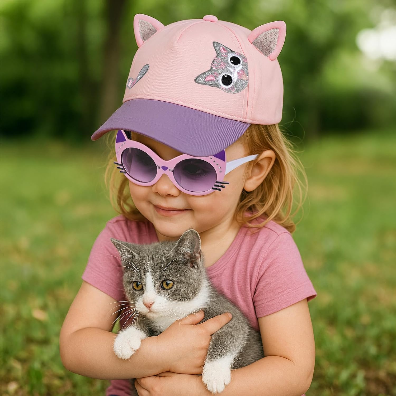 Girls Baseball Cap Kids Sunglasses Set,Adjustable Sun Hat Sequin Cat Ear Hat Cute Toddler Cap for Girls Ages 3-10Y(Pink)