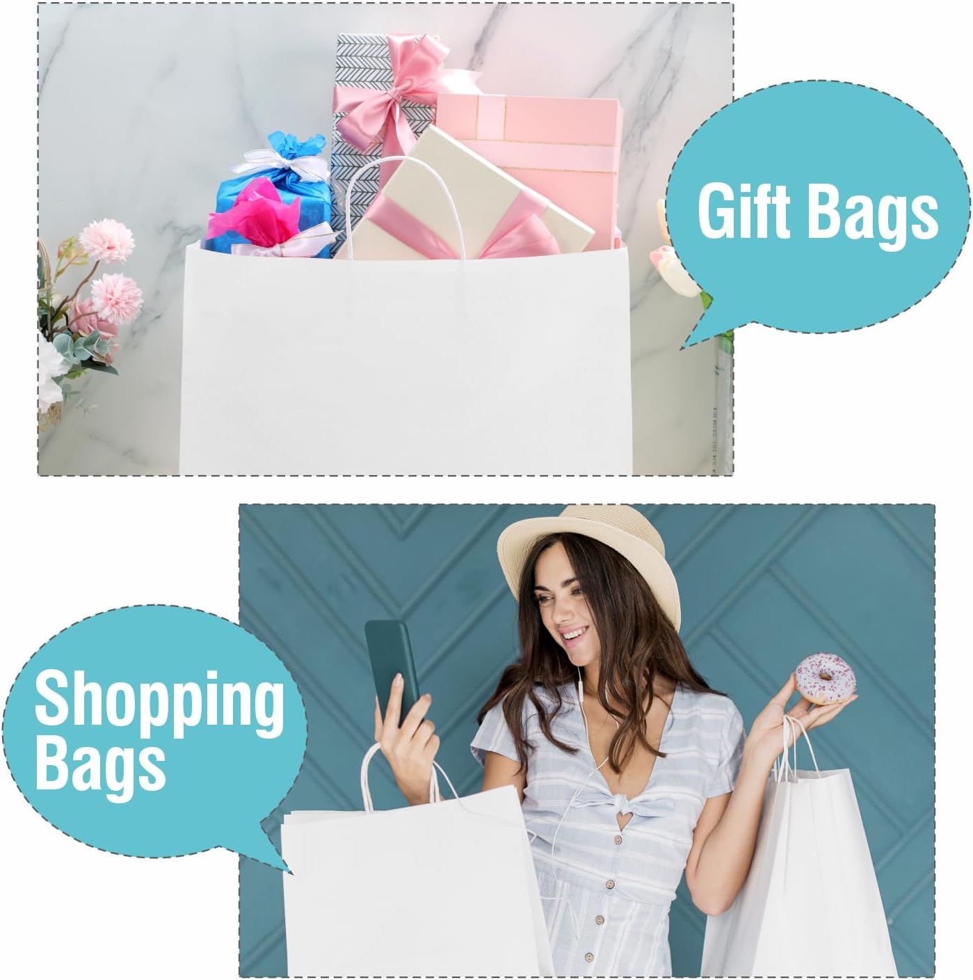 woric 60 PCS White Paper Bags with Handles, Large Gift Bag 16 x 6 x 12 inch White Gift Bag Bulk Shopping Bags for Gift Grocery Small Business - Image 5