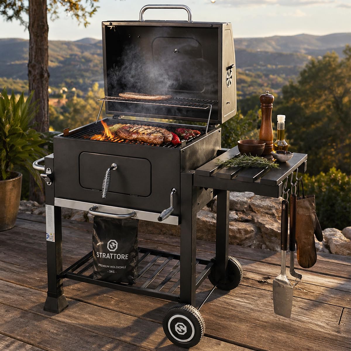 Holzkohlegrill XL BBQ Grillwagen Verstellbarer Standgrill mit Deckel Quadratischer Barbecue Gartengrill aus Eisen - Garten Camping Terrasse - Grillrost und Thermometer Holzkohle Grill