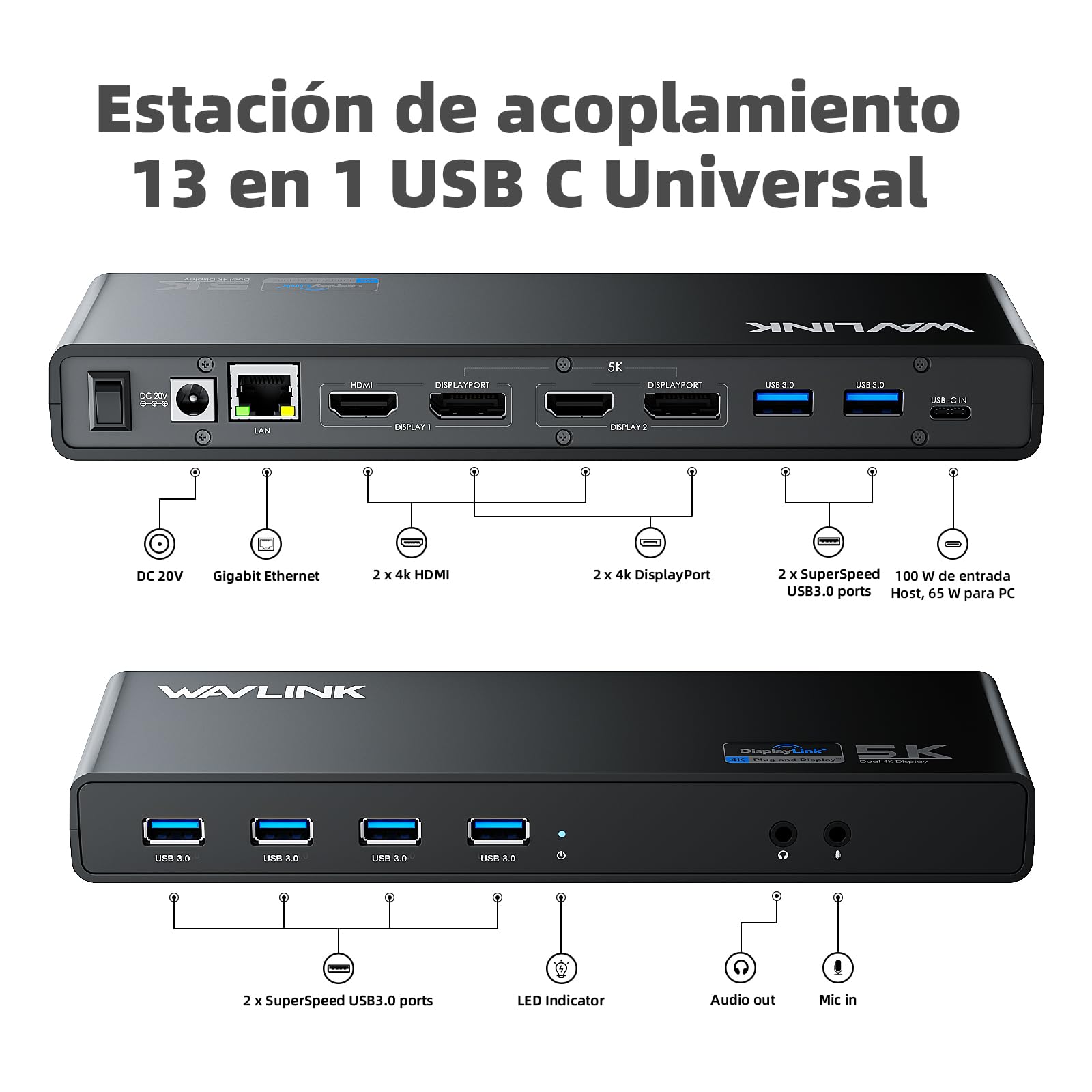 WAVLINK Estación de acoplamiento Displaylink, estación de acoplamiento universal USB C con 2 puertos HDMI y DP, PD de 65 W, Gigabit Ethernet, 6 puertos USB 3.0, audio, micrófono, compatible con Mac OS