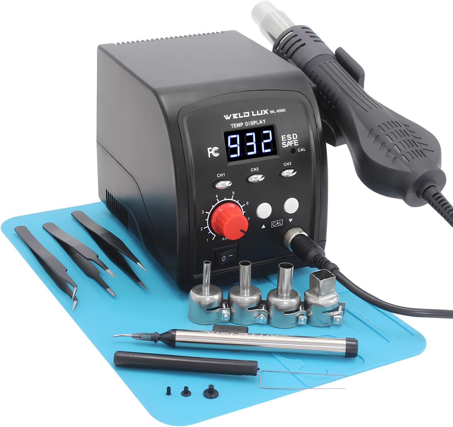 Weld Lux Hot Air Rework Station, High Power with 3 Memories, Sleep Mode, Airflow Efficiency, °F /°C Display, Accurate Temp.(212°F~932°F), Anti-static, Suitable for Electronics Repairin