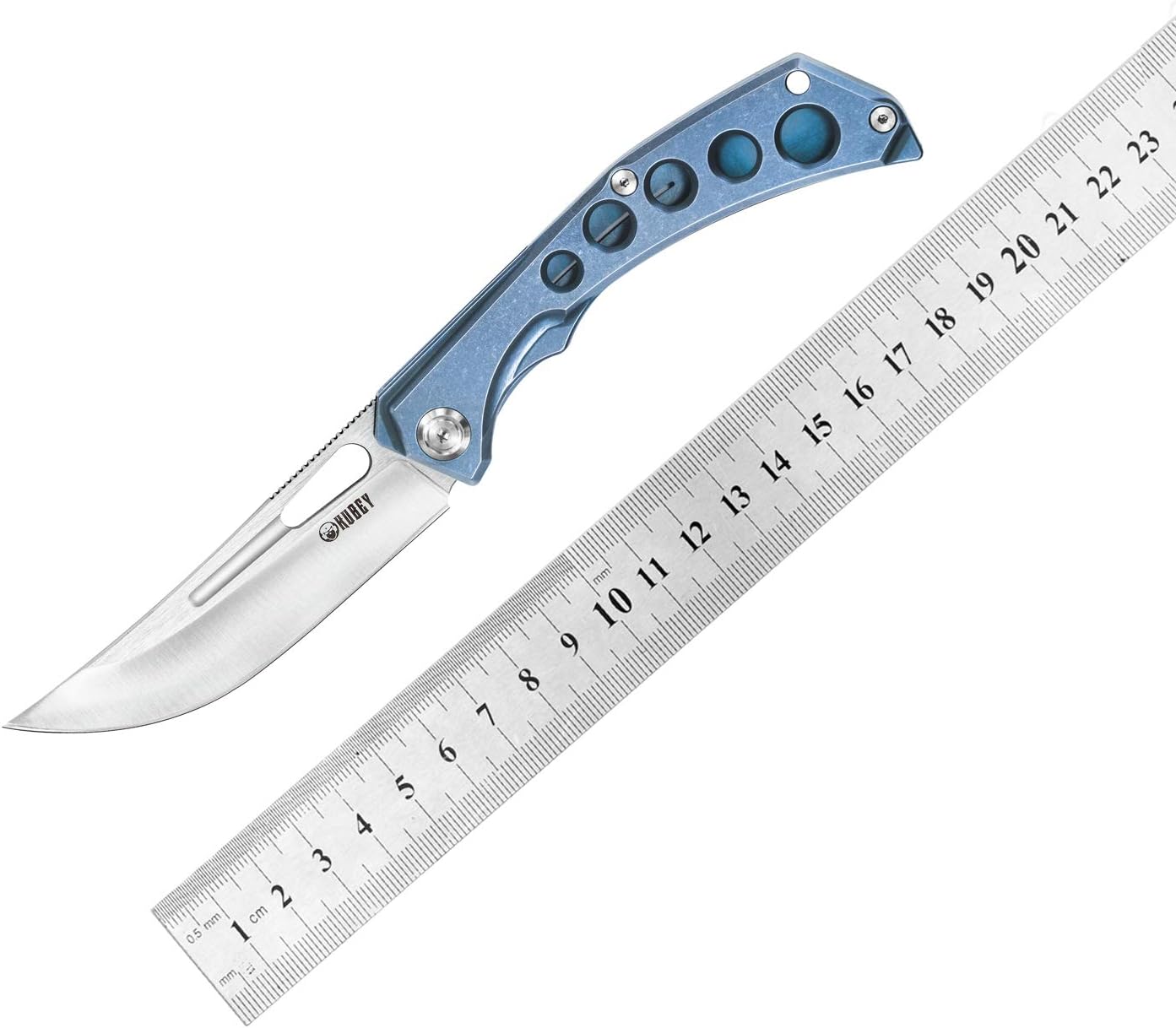 Black Friday - 60% OFF KUBEY KU170 Ishtar Folding Pocket Knife – One Handed Knife with Thumb Hole 3.54” Satin AUS-10 Blade, Titanium Handle and Pocket Clip Good for Hiking Camping Everyday Carry (Blue)