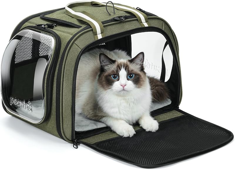 Bolsa de Transporte para Gatos Pecute com Janelas Bubble Duplas, Verde, Tamanho Grande (L)
