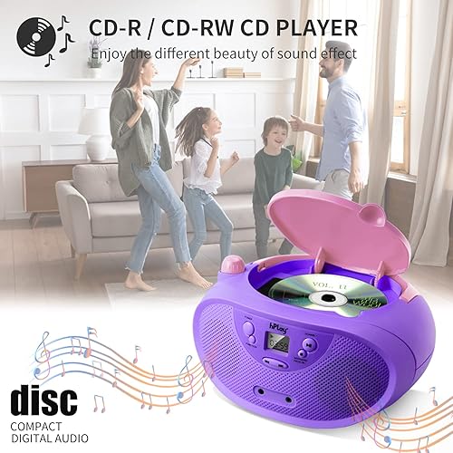 Miniatura 2 de GC04 Reproductor de CD portátil con radio estéreo AM FM Reproductor de CD para niños, pantalla LCD, puerto auxiliar frontal y auriculares,