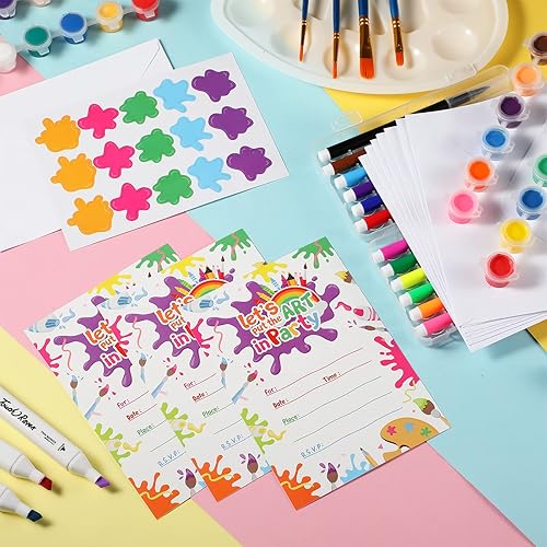 Miniatura 5 de Juego de 24 invitaciones de fiesta de pintura artística con sobres, tarjetas de cumpleaños coloridas, letras de invitación temáticas de pintura,