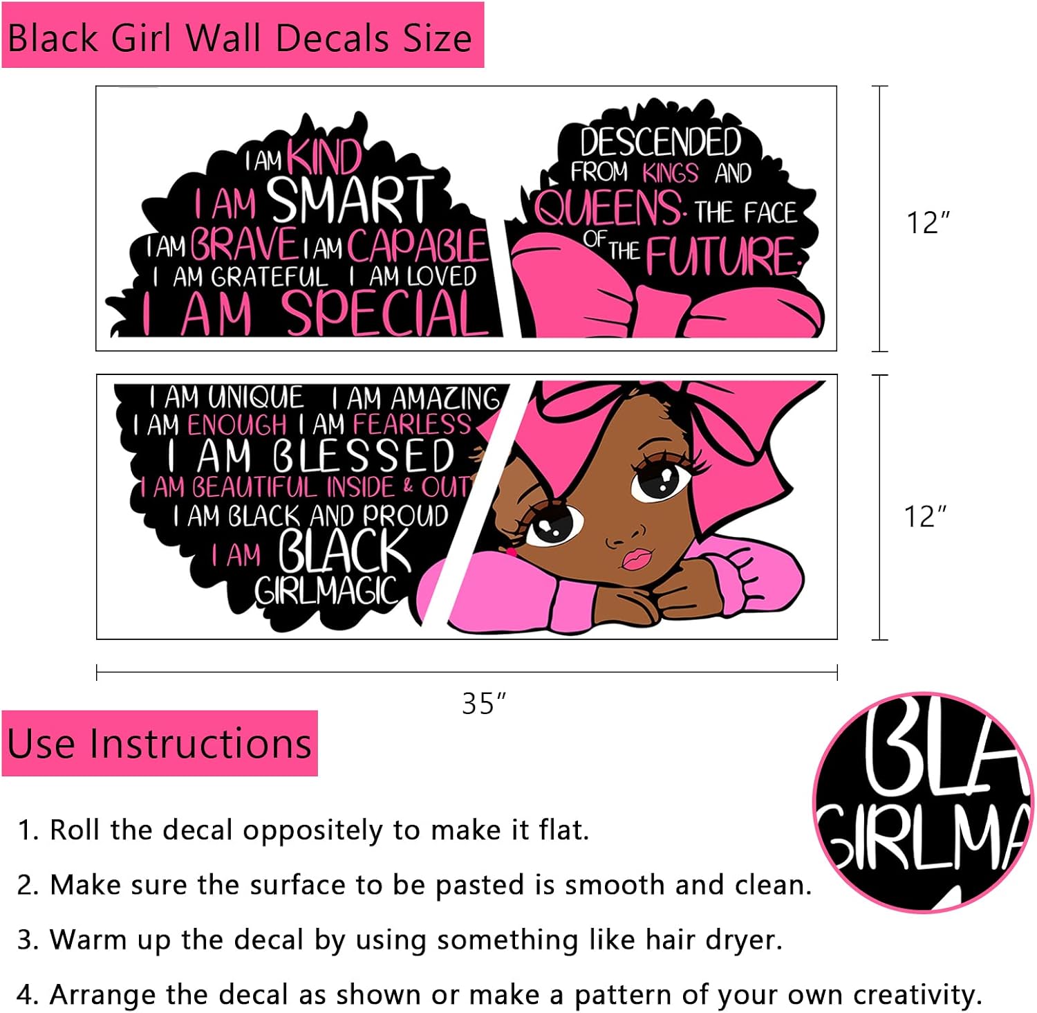 Yovkky Black Girl Magic I Am Special Inspirational Quote Wall Decal Pink Motivational Saying African American Sticker Nursery Positive Decor Baby Toddler Room Decoration Afro Kid Bedroom Playroom Art