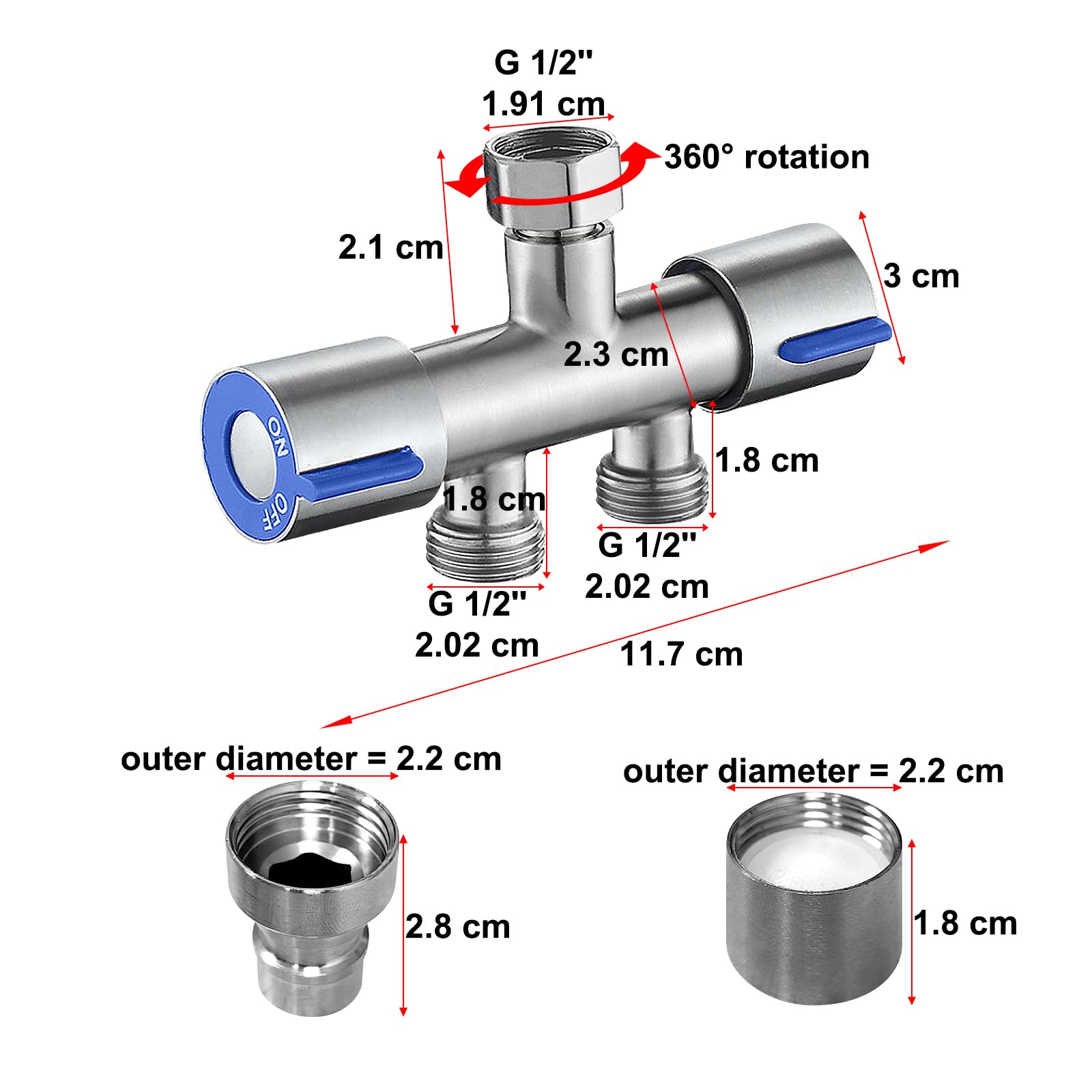 Vanne de dérivation Vanne d'angle Laiton Universel 1/2" Robinet d'Arretz de Régulation avec Poignée pour G1/2" Douchette WC, Machine à Laver, Toilettes, Jardin (B)