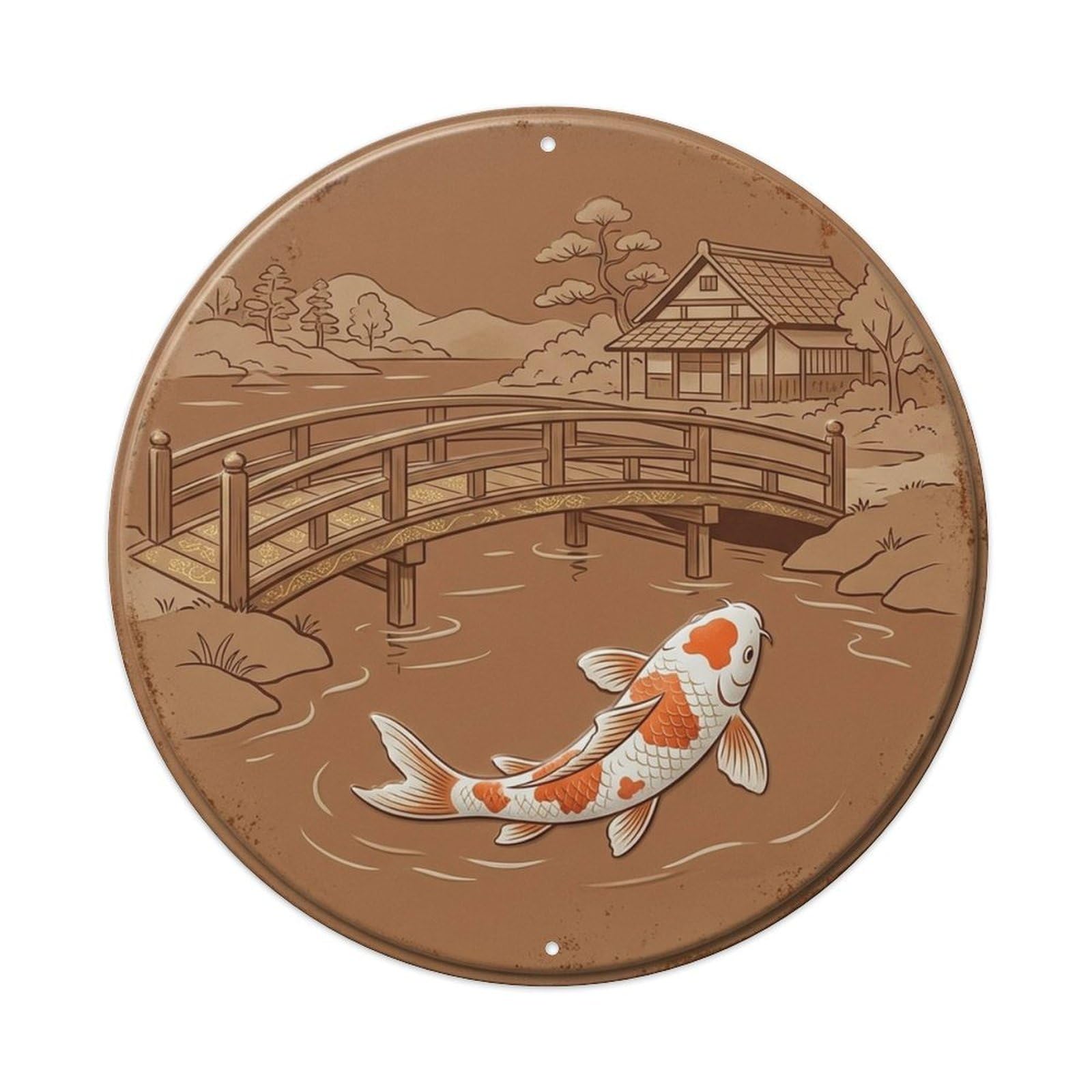 Oriental Koi Rustic Farmhouse Pond Feng Shui Harmony Metal Tin Sign Plaque Wall Decor for Cafe, Man Cave, Club Bar, Office, Home Garden Round Metal Poster 8x8Inch