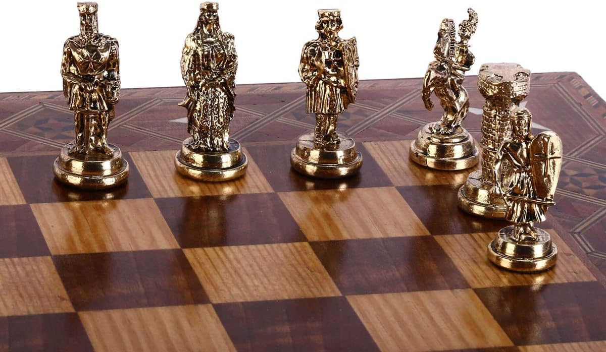 Historical Ottoman vs Byzantine Figures Metal Chess Set for Adult,Handmade Cool Pieces and Natural Solid Wooden Chessboard with Pearl Design Around Board,Storage Inside King 2,8 inc (Gold-Silver)